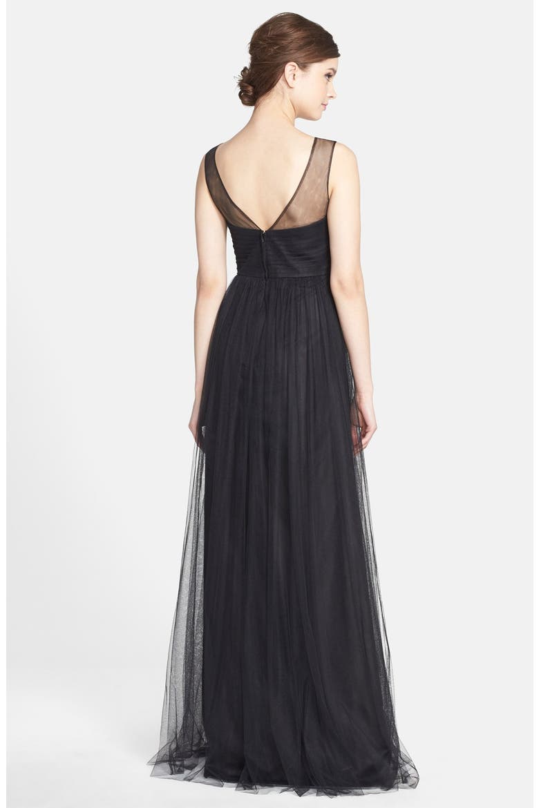 Aria Illusion Yoke Pleated Tulle Gown, Alternate, color, ONYX