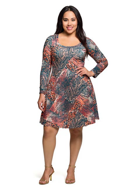 Long Sleeve Fit and Flare Dress in Multi Animal Print