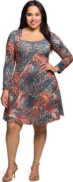 24seven Comfort Apparel Long Sleeve Fit and Flare Dress in Multi Animal Print