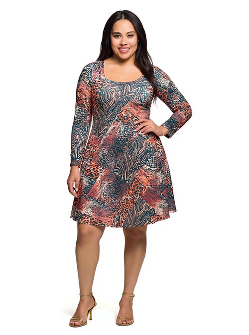 24seven Comfort Apparel Plus Size Long Sleeve Fit And Flare Dress In Multi