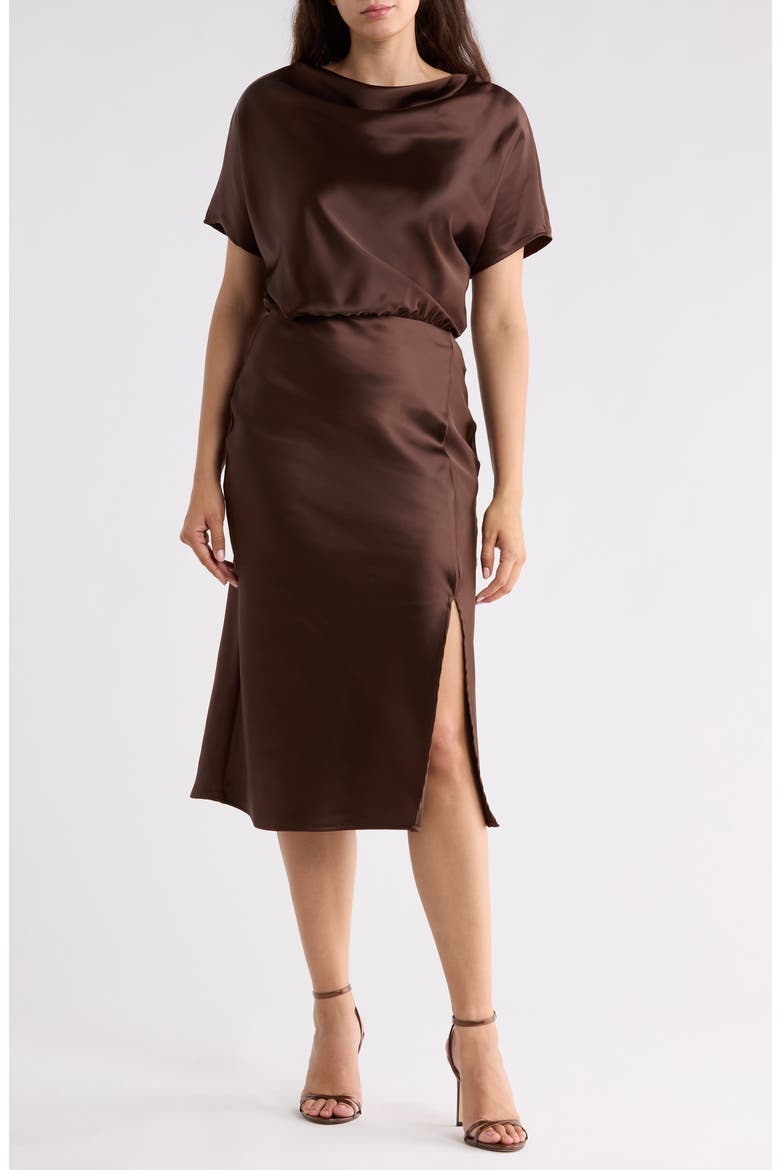 Satin Cowl Neck Midi Dress, Main, color, BROWN