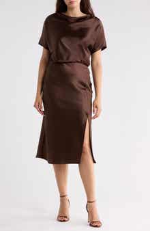 Satin Cowl Neck Midi Dress