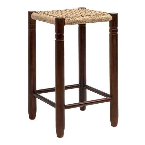 Columnar Bohemian Indoor/Outdoor Wood Backless Counter Stool, Woven Synthetic Rattan Seat for Patio Kitchen Island, Dark and