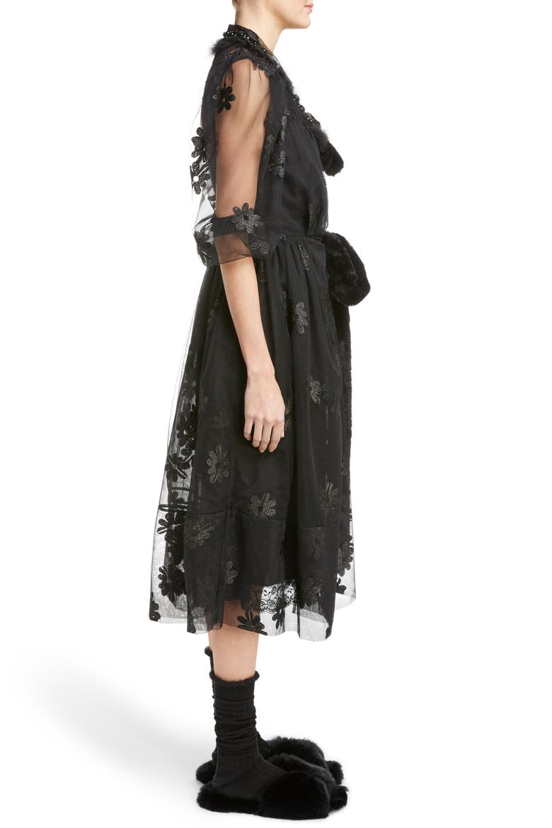 Teddy Floral Embroidered Tulle Dress with Feather and Faux Fur Trim, Alternate, color, BLACK BLACK