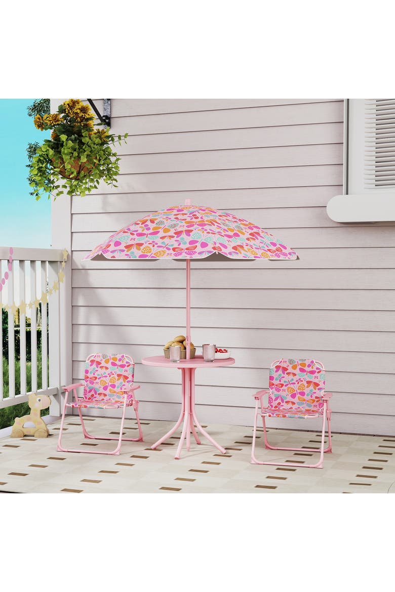 Kids Outdoor Picnic Table with Foldable Chairs and Removable Umbrella, Alternate, color, Pink