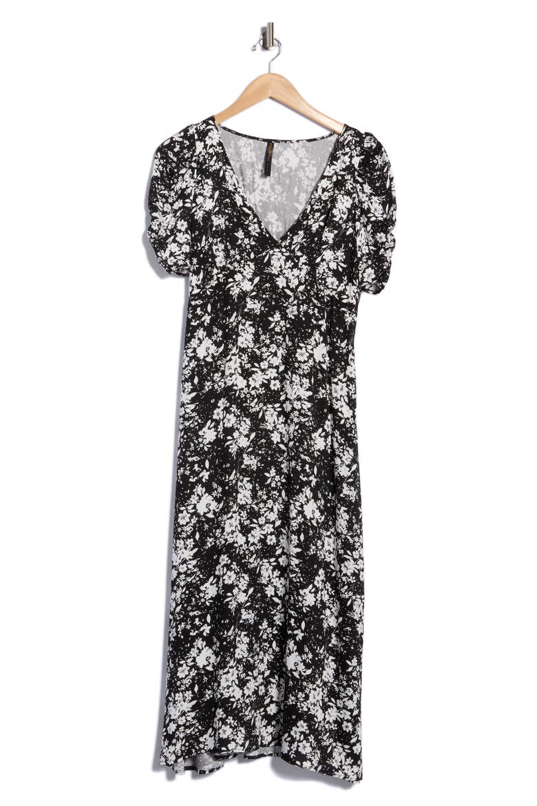 Floral Short Sleeve Midi Dress, Alternate, color, BLACK