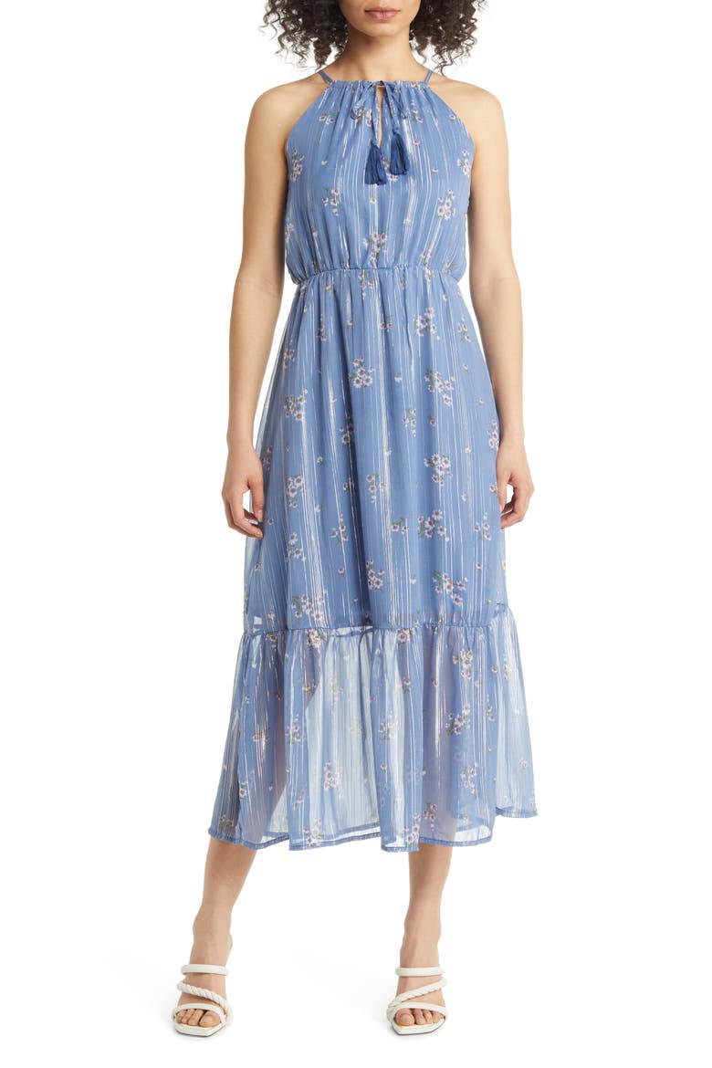 Tie Neck Tiered Midi Dress, Main, color, BLUE