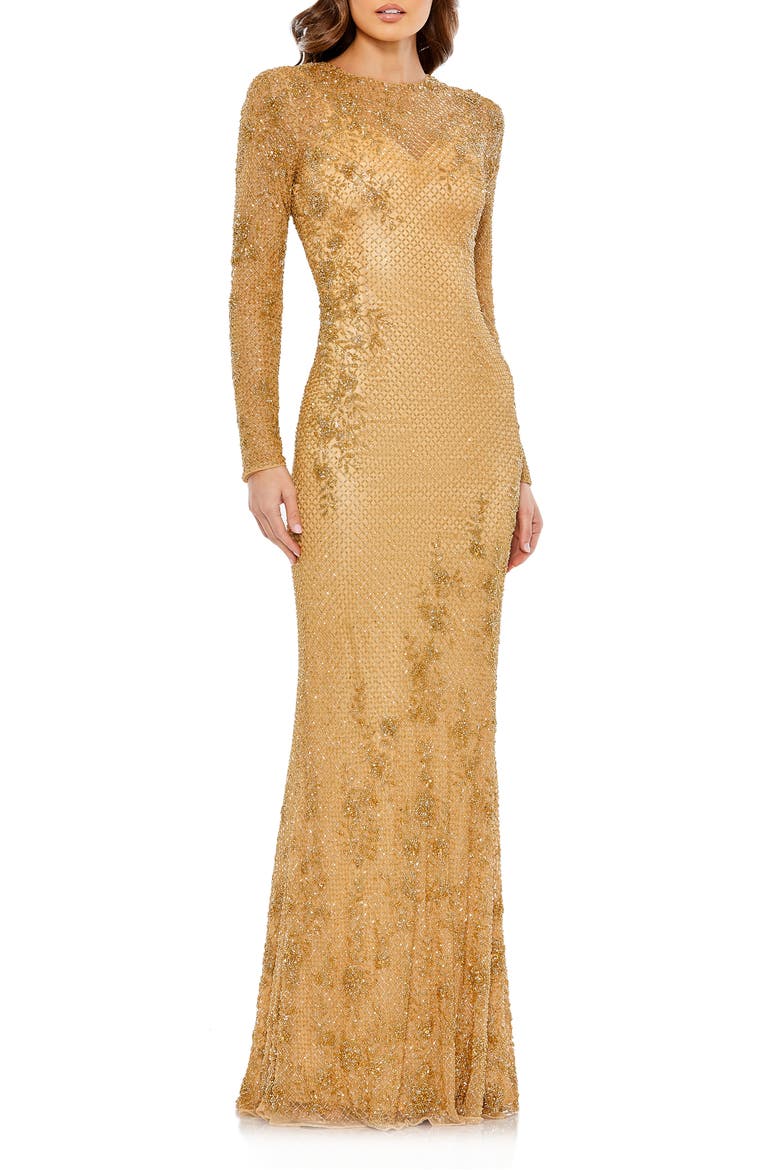 Long Sleeve Embellished Evening Gown, Main, color, GOLD