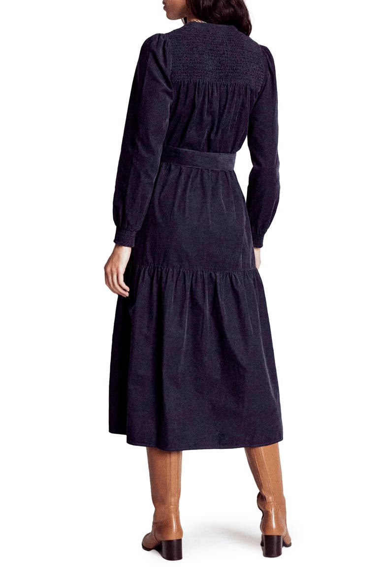 Cecily Belted Long Sleeve Cotton Corduroy Midi Dress, Alternate, color, NAVY