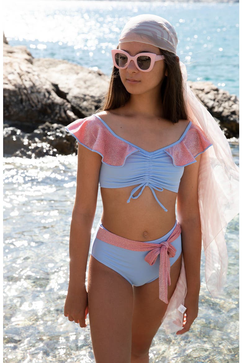 Kids' Glitter Ruffle Ruched Bikini Set, Alternate, color, Blue-Pink