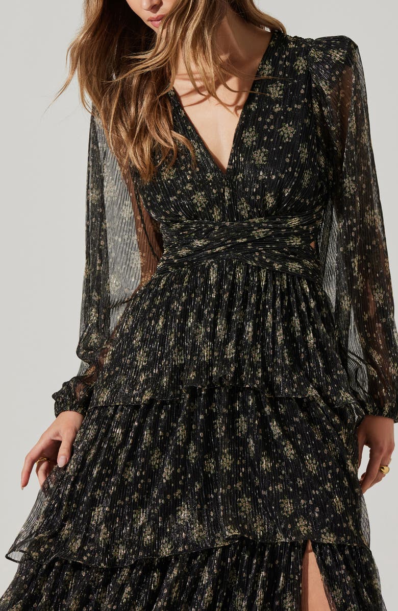 ASTR the Label Anora Long Sleeve Tiered Maxi Dress, Alternate, color, Black Gold Foil
