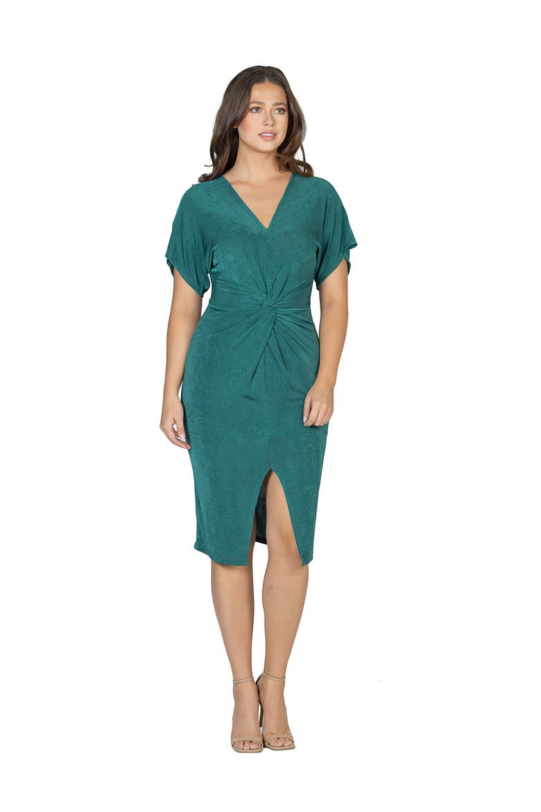 Womens Short Sleeve V Neck Twist Front Split Hem Dress, Main, color, Hunter