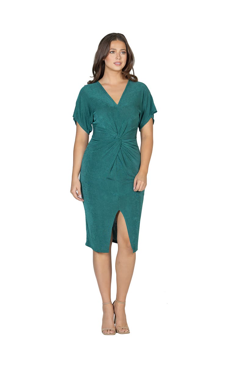 24seven Comfort Apparel Womens Short Sleeve V Neck Twist Front Split Hem Dress, Main, color, Hunter