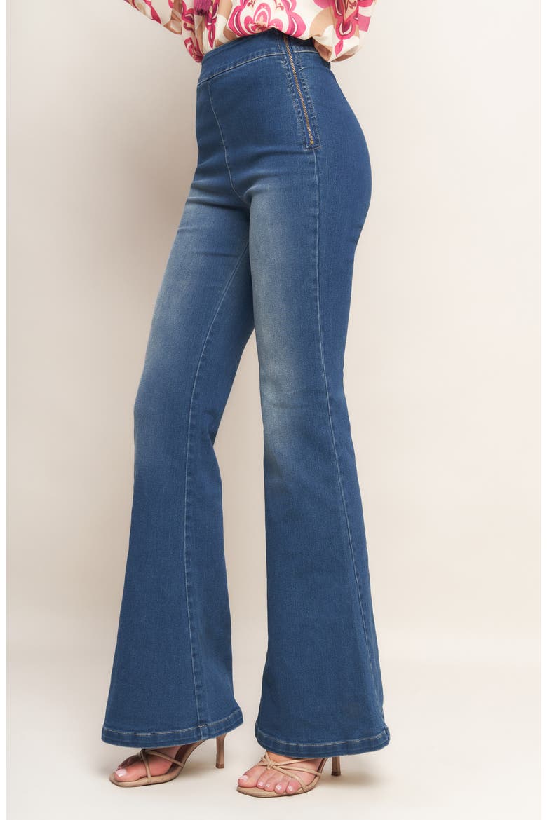 Washed Stretch Denim Flare Pants, Alternate, color, MEDIUM INDIGO