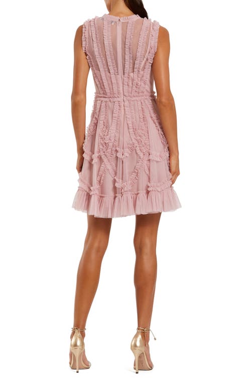 Mac Duggal Mesh Micro Ruffle High Neck Mini Dress In Rose