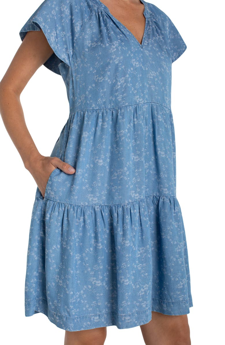 Liverpool Los Angeles Tiered Floral Flutter Sleeve Denim Dress, Alternate, color, Indigo Roses