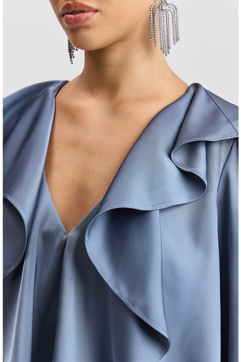 Ruffle Neck Long Sleeve Satin Minidress, Alternate, color, SLATE