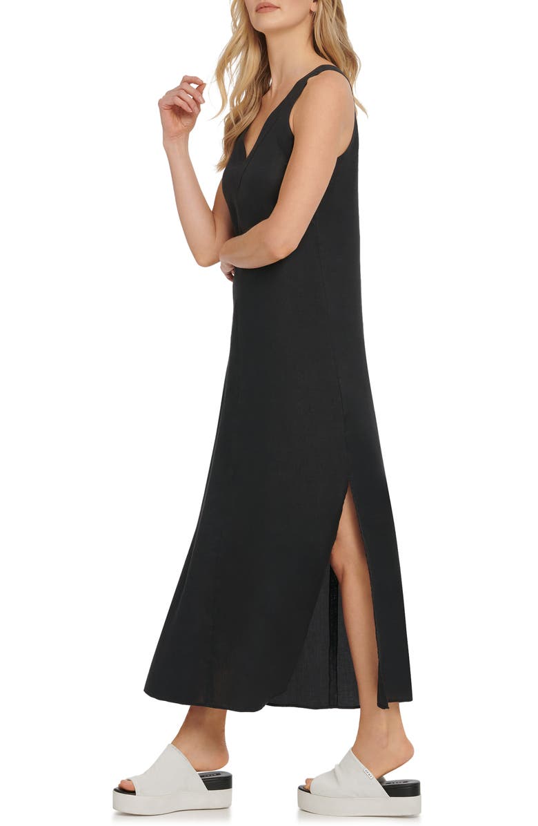 DKNY V-Neck Linen Maxi Dress, Alternate, color, Black