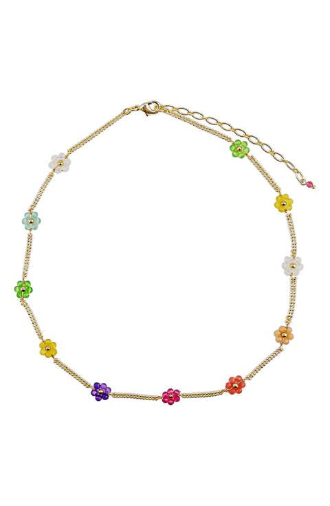 Beaded Flower Station Chain Necklace