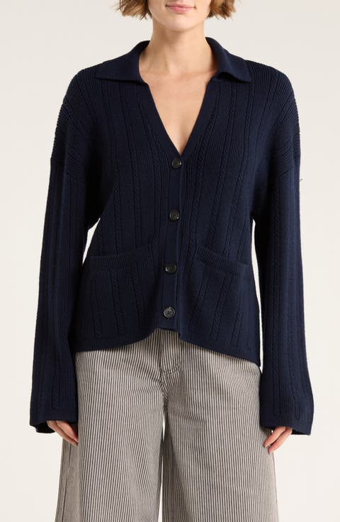 Cynthia Johnny Collar Cable Knit Cardigan