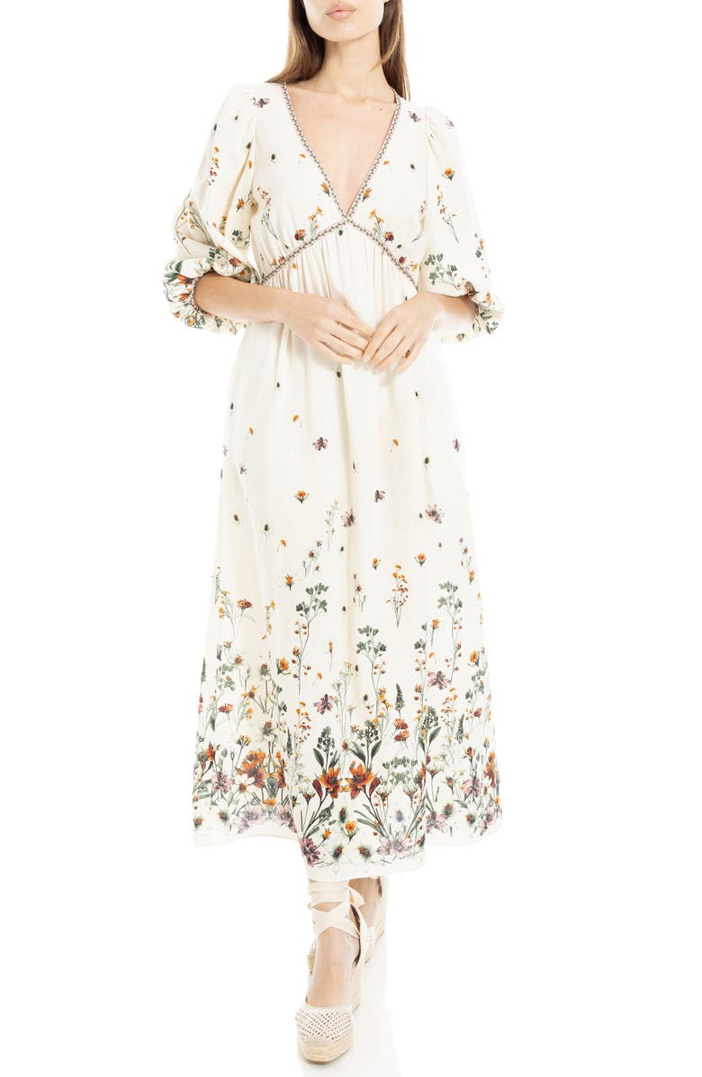 MAX STUDIO Puff Sleeve Plunge Neck Midi Dress, Main, color,