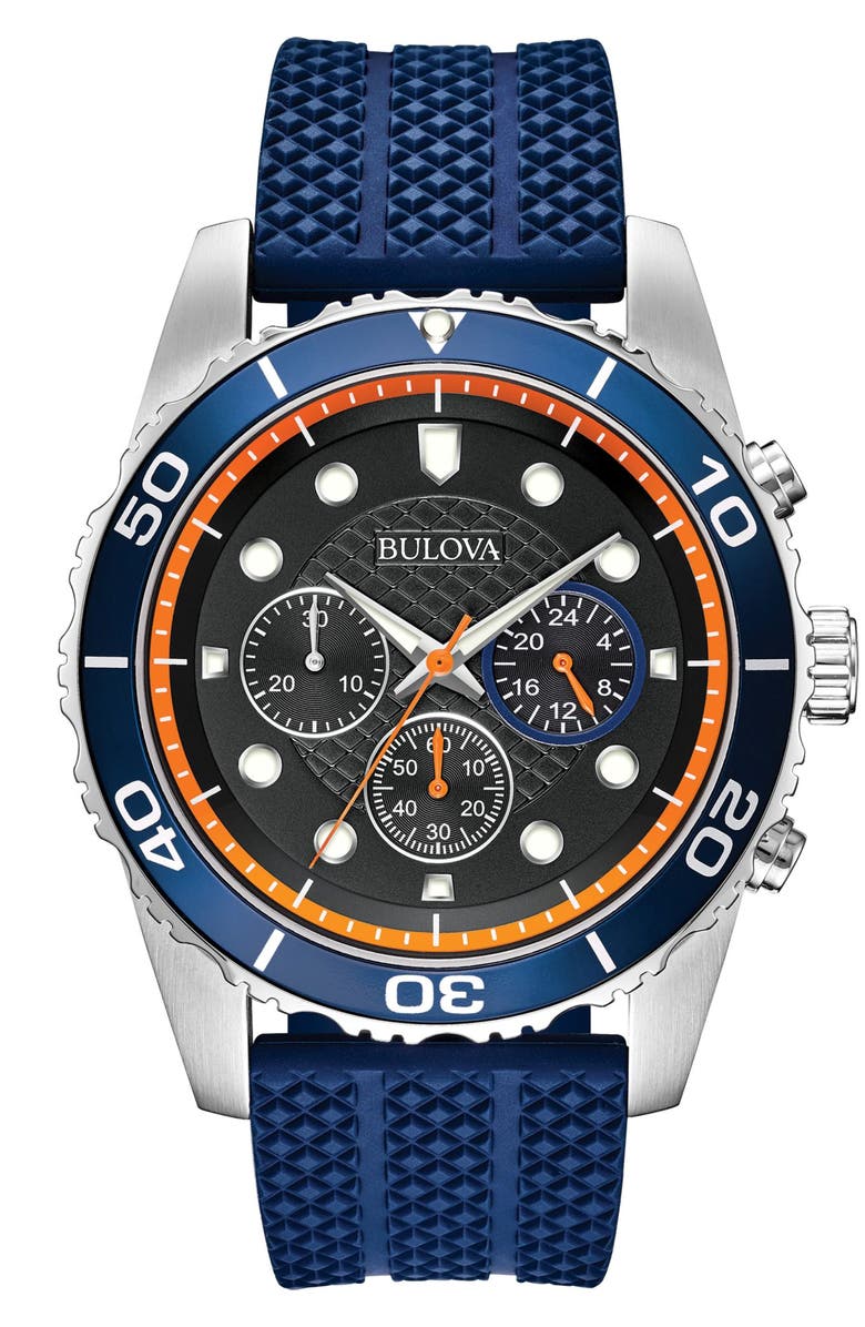 BULOVA Water Resistant Silicone Strap Chronograph Watch, 44mm, Main, color, 