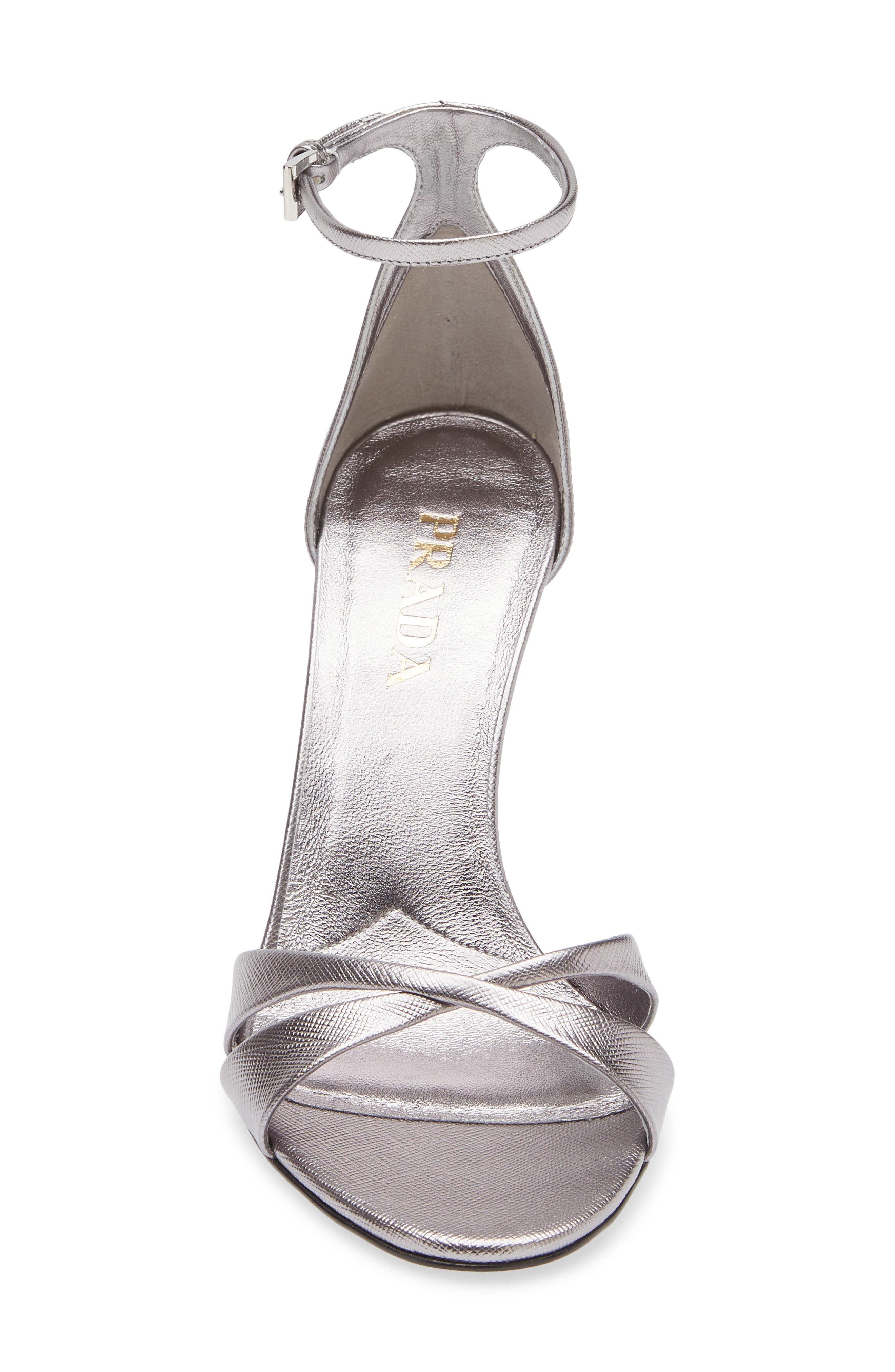 Prada Saffiano Metallic Leather Ankle Strap Sandal, Alternate, color, Cromo