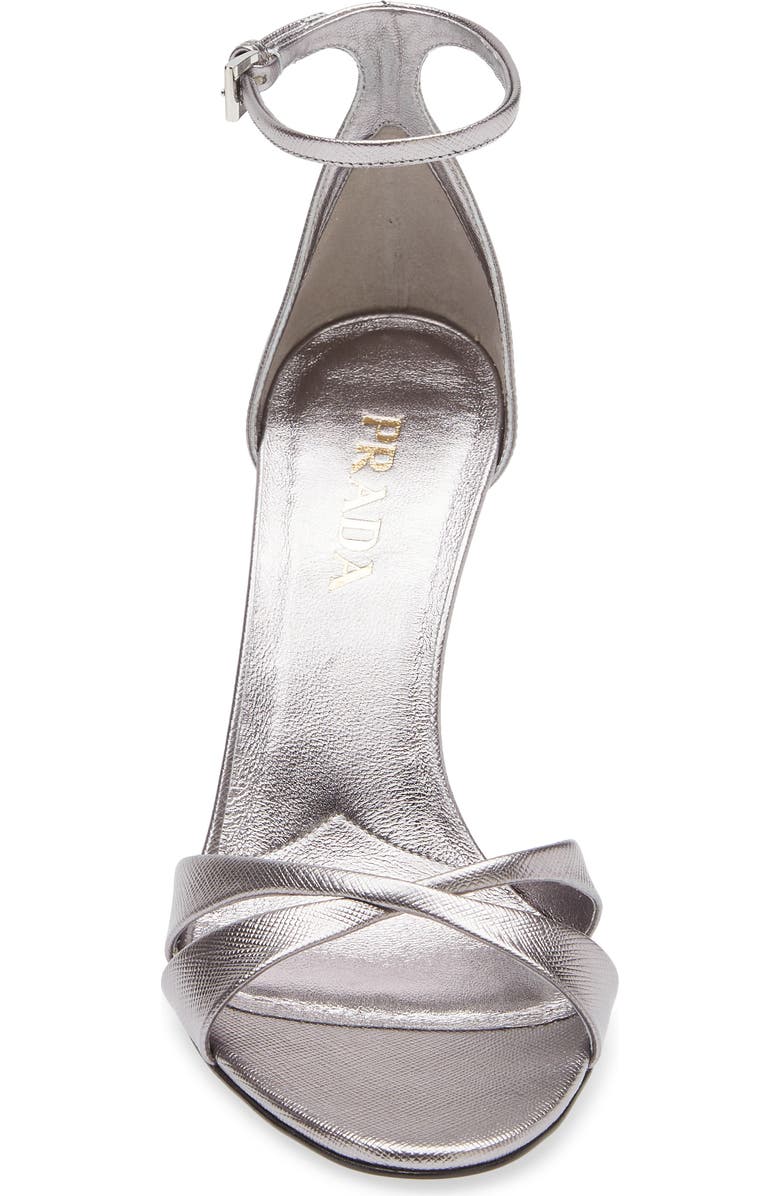 Prada Saffiano Metallic Leather Ankle Strap Sandal, Alternate, color, Cromo
