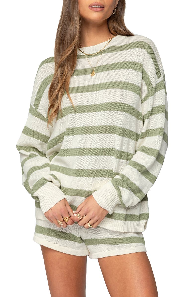 EDIKTED Amaris Stripe Oversize Sweater, Main, color, Olive