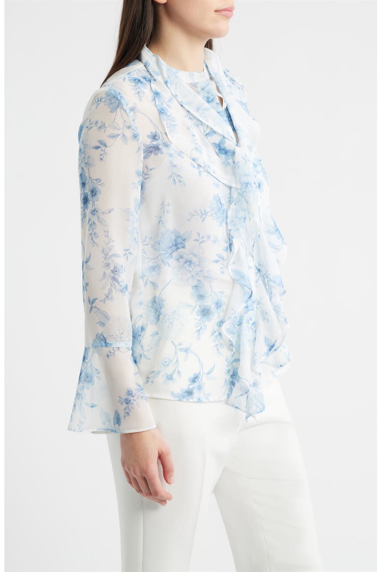 Ruffle Tie Neck Top, Alternate, color, CRISP WHITE MULTI