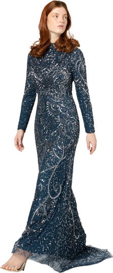 Occasion Modest Embellished Sequin Beaded High Neck Evening Maxi Dress