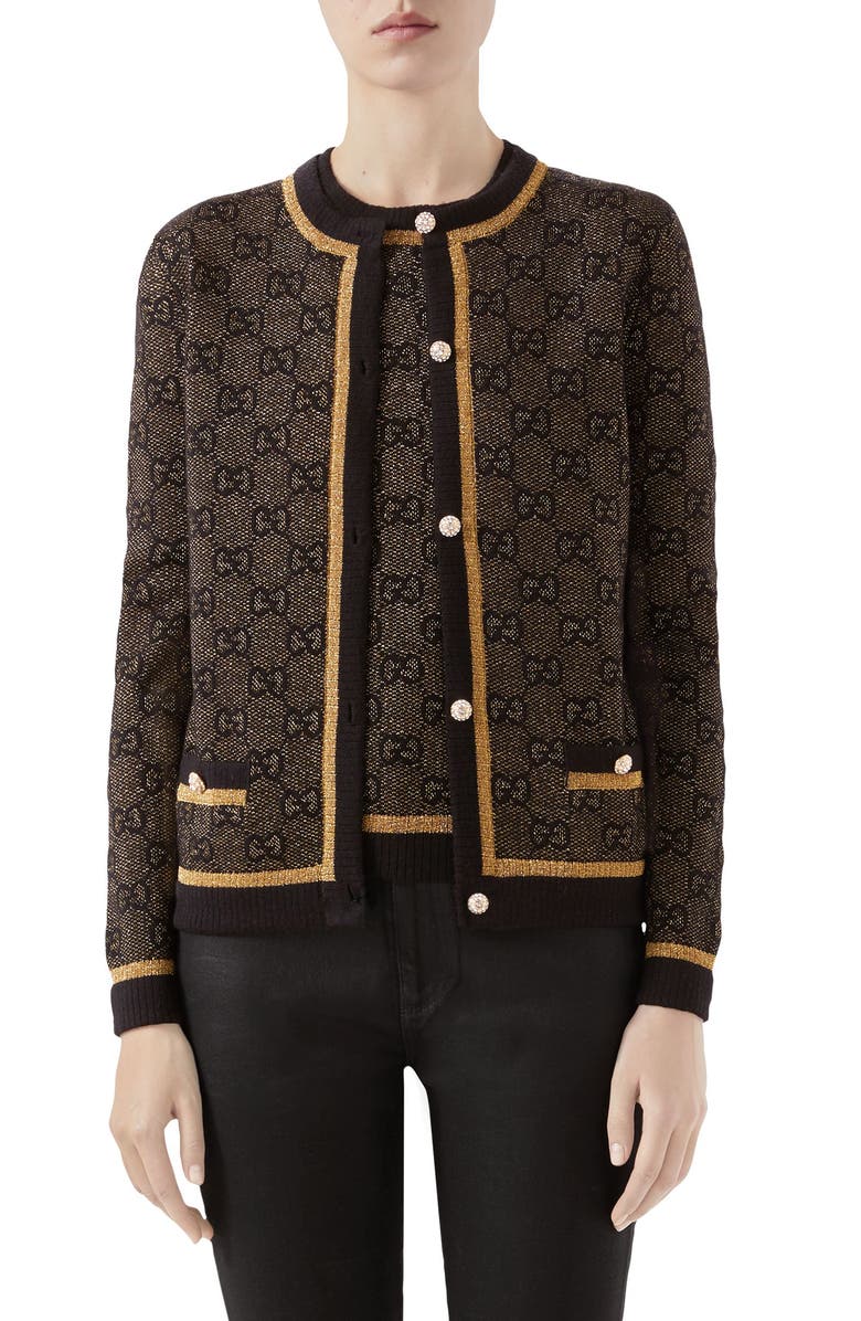 Gucci GG Logo Metallic Jacquard Cardigan, Alternate, color, 