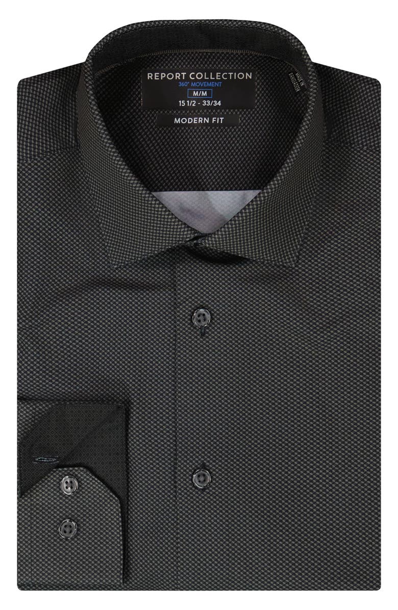 Report Collection Modern Fit Geometric Print 4-Way Stretch Button-Up Shirt, Alternate, color, Black
