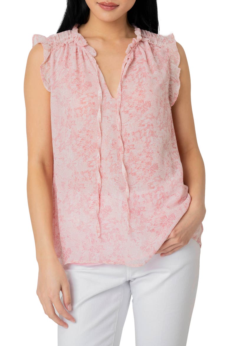 Ruffle Tie Neck Sleeveless Blouse, Main, color, OFF WHITE BLUSH PRINT