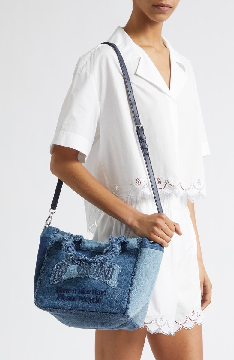 Ganni Small Trapeze Denim Shopper Bag, Alternate, color, Dark Blue Vintage
