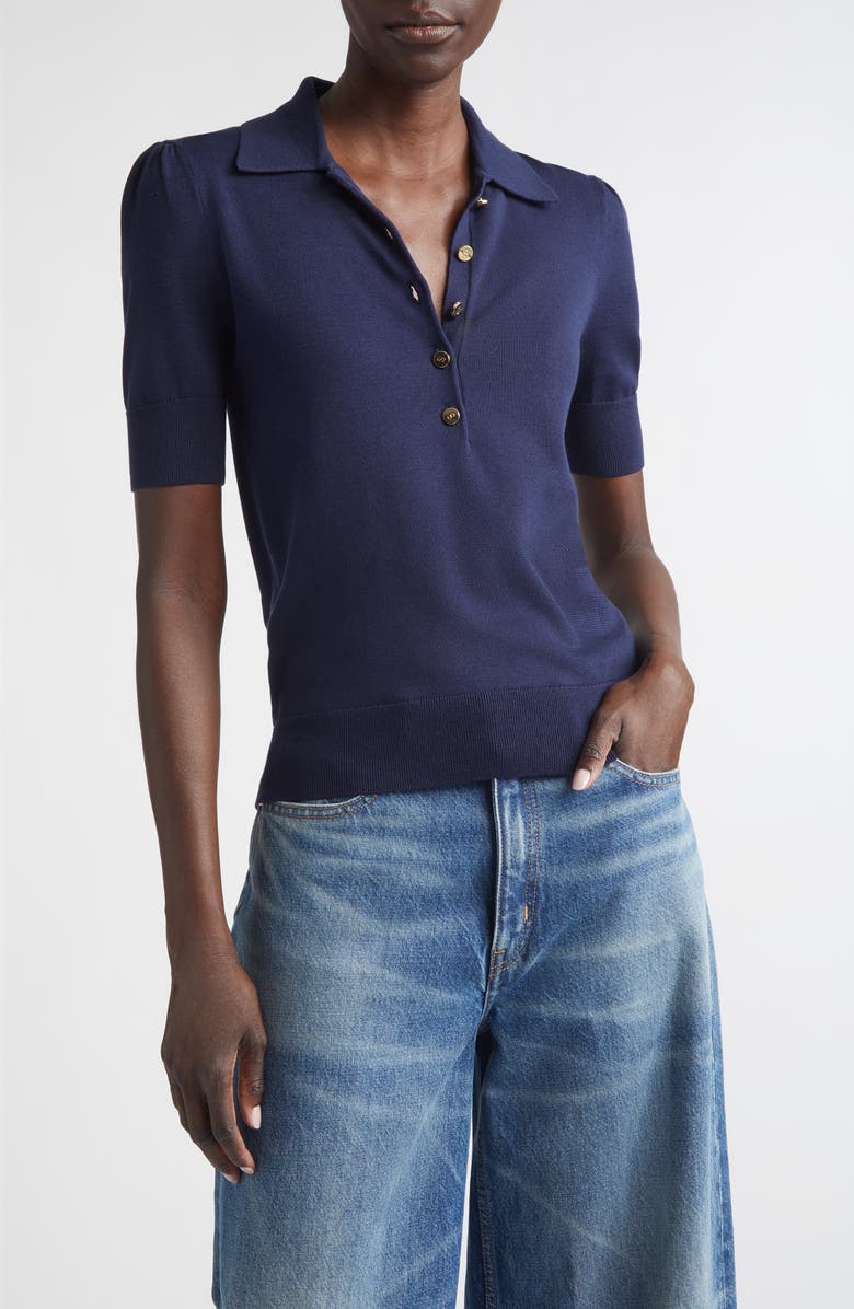 ST. JOHN Fallon Silk & Cotton Blend Polo Sweater, Main, color, Midnight