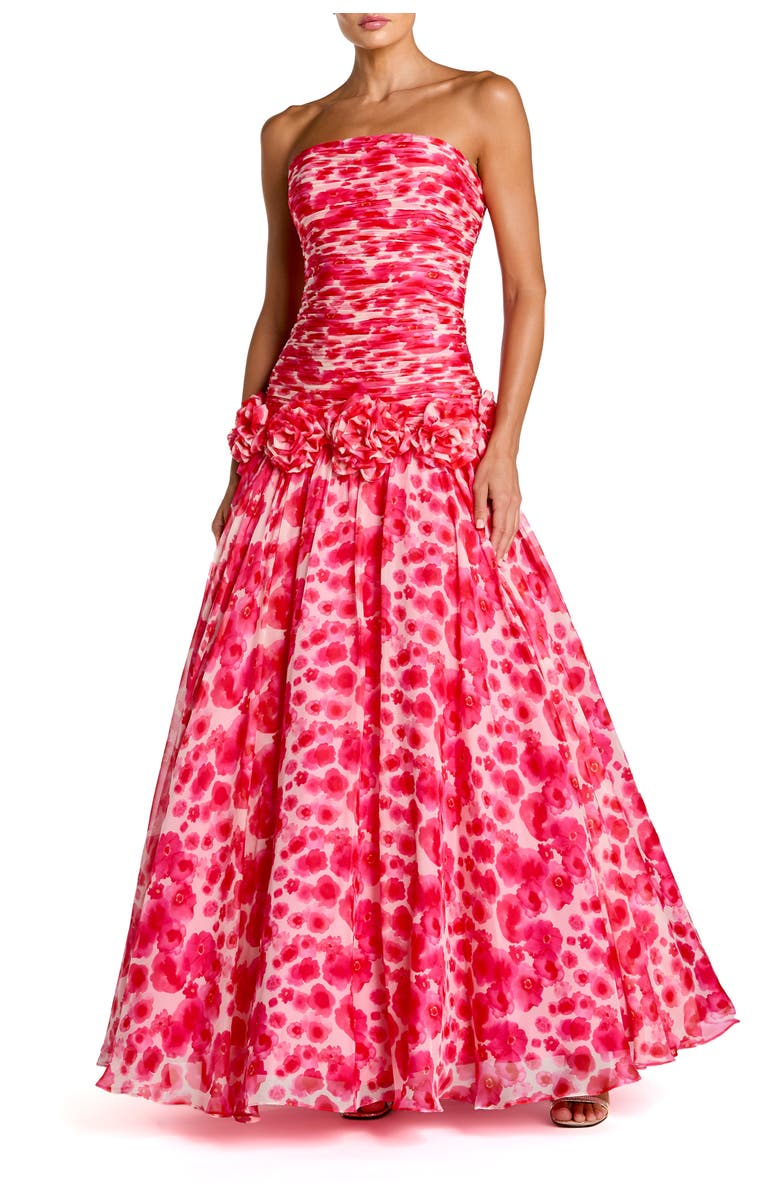 Mac Duggal Printed Chiffon Strapless Drop Waist Ballgown, Main, color, Grapefruit Multi