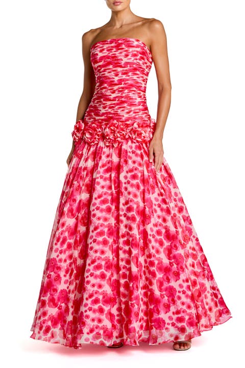 Printed Chiffon Strapless Drop Waist Ballgown