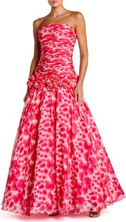 Mac Duggal Printed Chiffon Strapless Drop Waist Ballgown