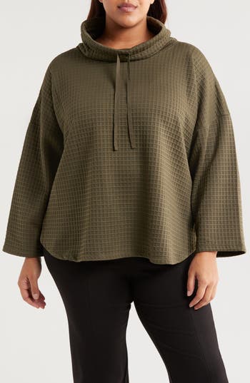 Max Studio Cowl Neck Soft Waffle Knit Top In Army
