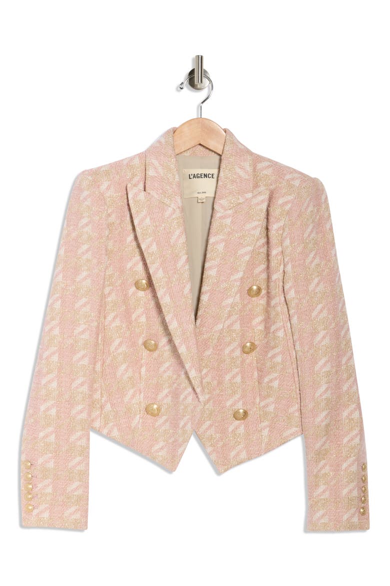 Lila Houndstooth Boxy Crop Blazer, Alternate, color, ECRU/ PINK/ GOLD HOUNDSTOOTH