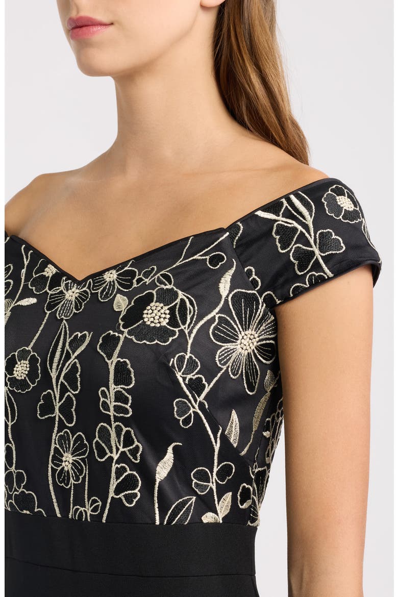 Floral Embroidered Off the Shoulder Trumpet Gown, Alternate, color, BLACK