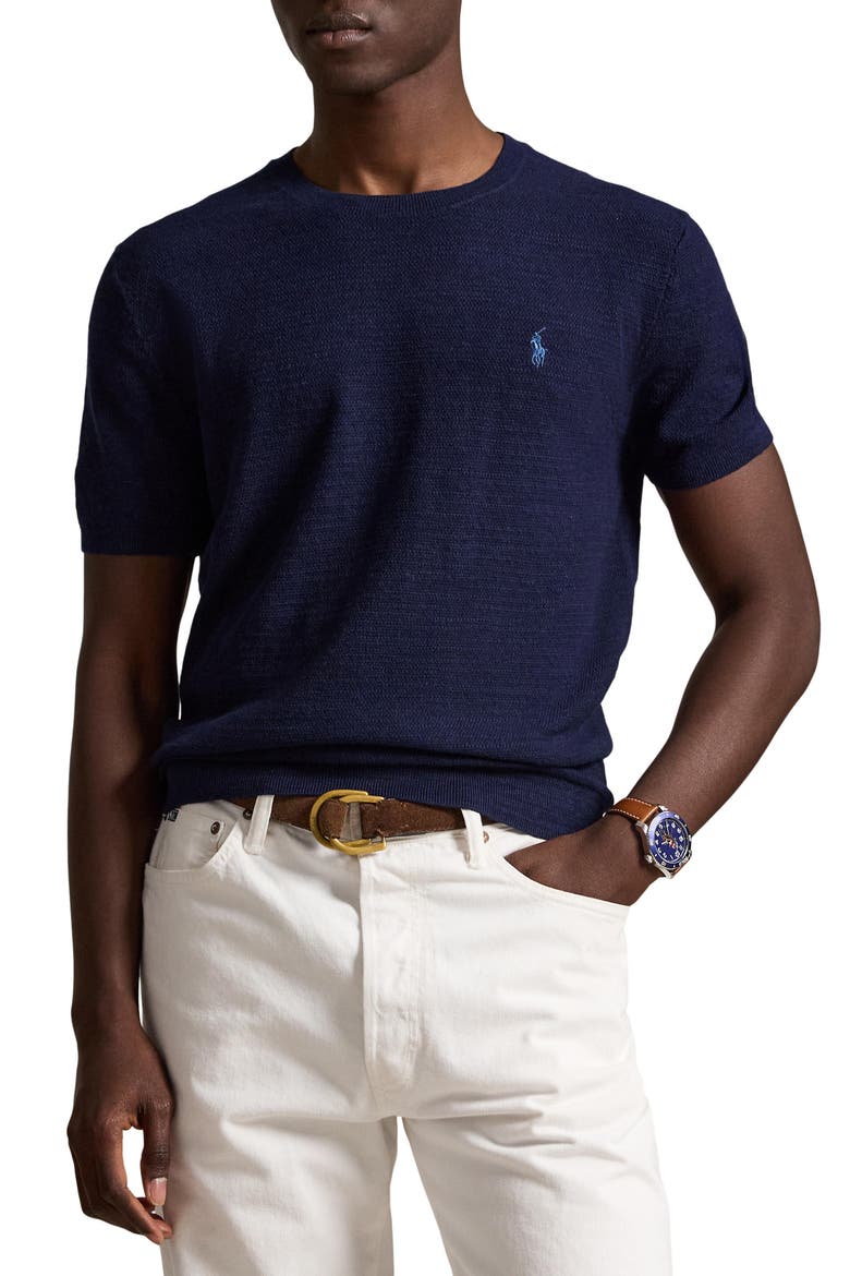Cotton & Linen Piqué Short Sleeve Sweater, Main, color, BRIGHT NAVY