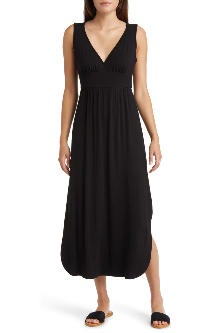 Sleeveless V-Neck Jersey Midi Dress, Main, color, BLACK