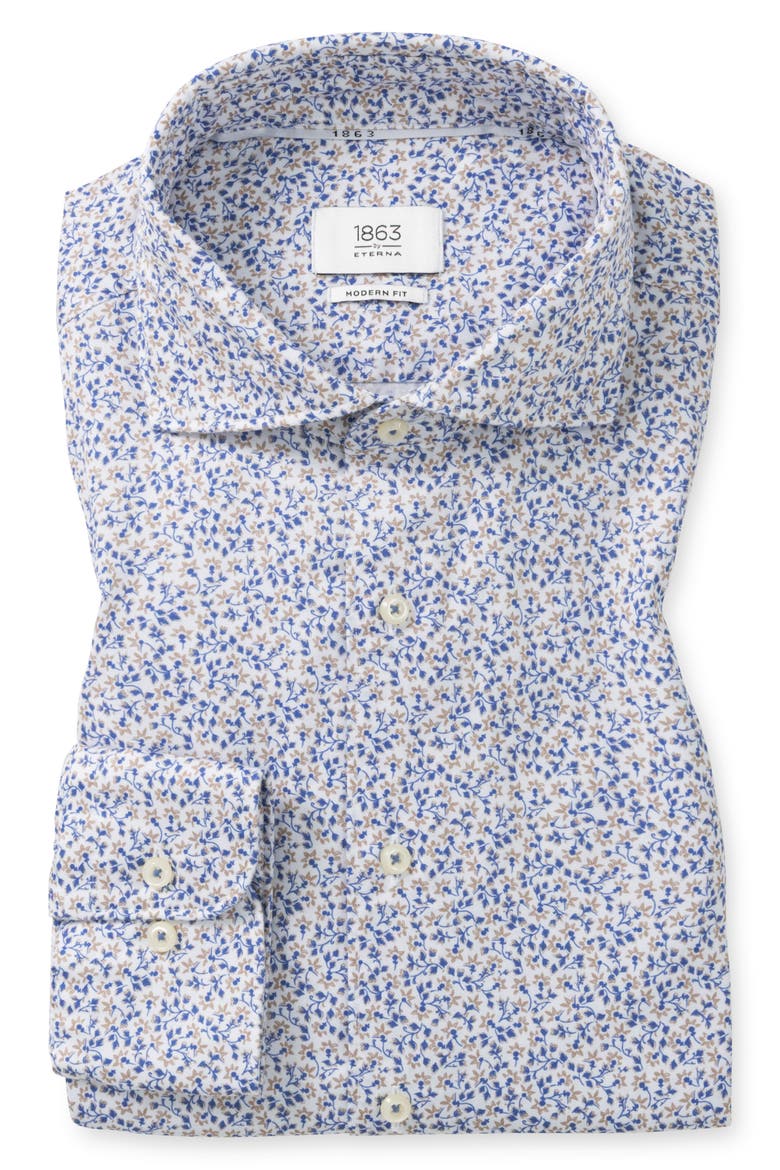 Modern Fit Floral Cotton Twill Dress Shirt, Main, color, PRINT BROWN BLUE