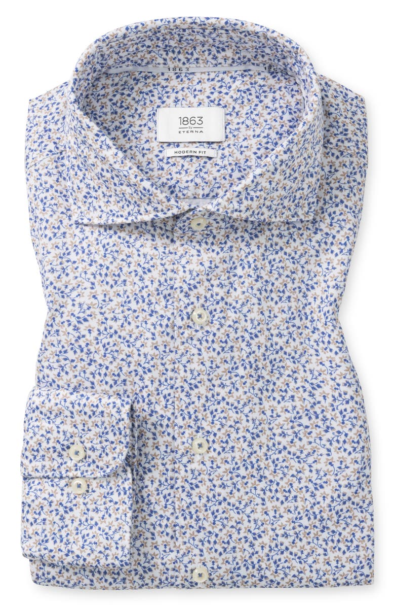 1863 by Eterna Modern Fit Floral Cotton Twill Dress Shirt, Main, color, White/ Print Brown Blue