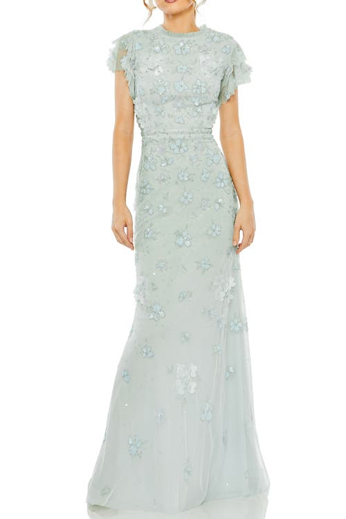 Mac Duggal Floral Embellished High Neck Flutter Sleeve Gown In Blue