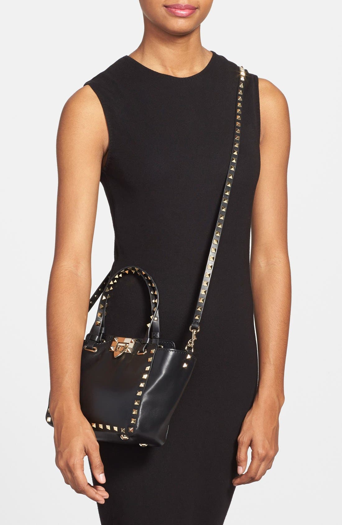 'Micro Mini Rockstud' Leather Tote, Alternate, color, BLACK