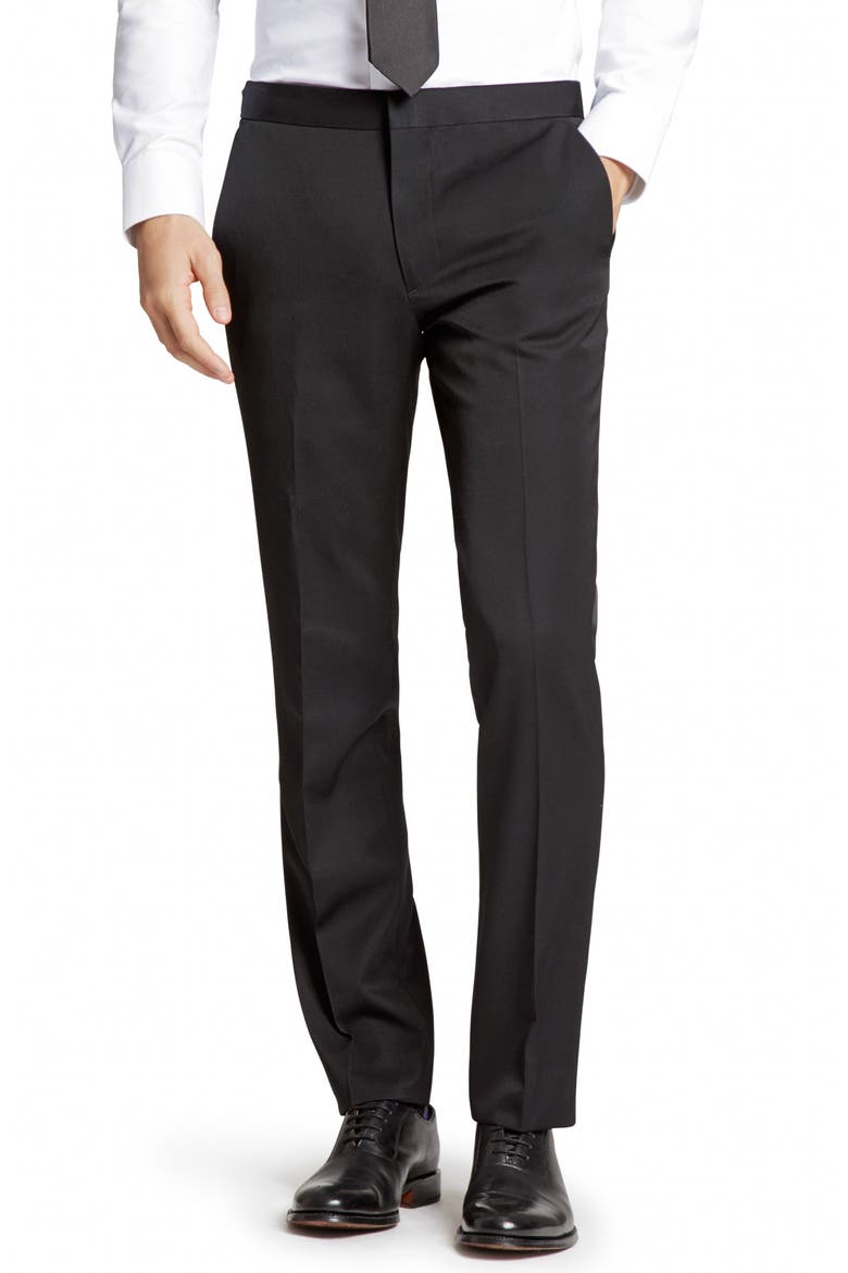 Slim Fit Flat Front Wool Tuxedo Trousers, Main, color, BLACK