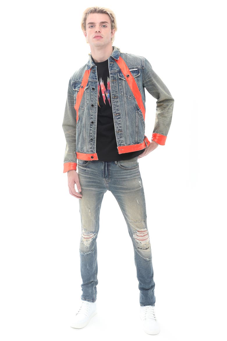 Leather Detail Cotton Denim Trucker Jacket, Alternate, color, ASPEN